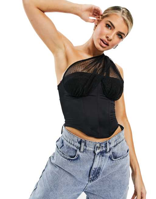 ASYOU mesh one shoulder corset top in black