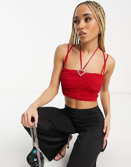 ASYOU mesh ruched cami with heart diamante trim in red
