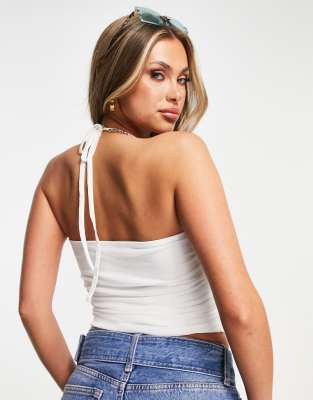 Asyou Mesh Ruched Halter Corset Top In Zebra Print-white