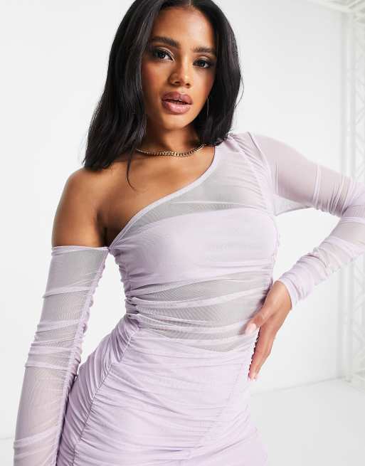 Mesh One Shoulder Ruched Dress