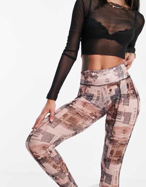 ASYOU mesh seam detail legging co ord in newspaper print, 3 of 4