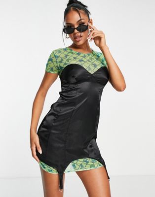 ASYOU mesh t-shirt dress with corset overlay in print