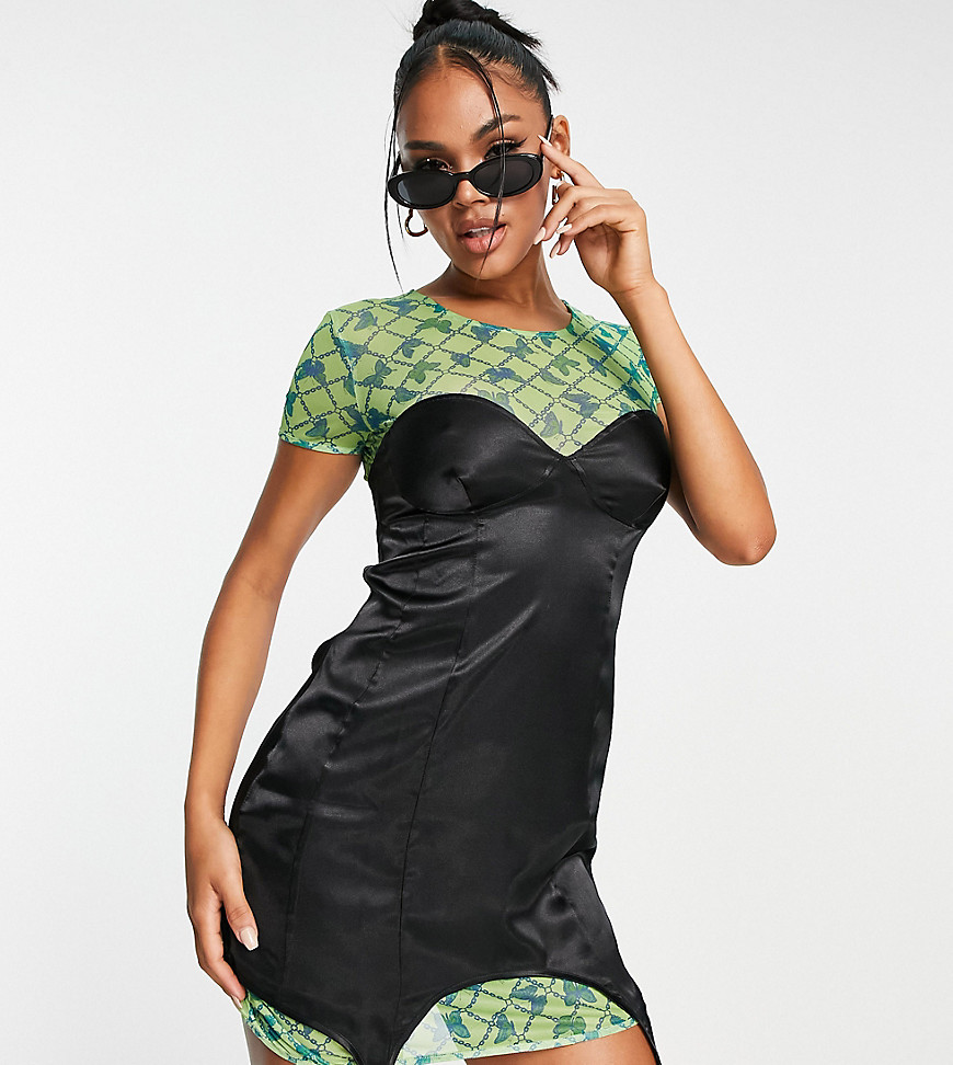 ASYOU mesh t-shirt dress with corset overlay in print-Multi