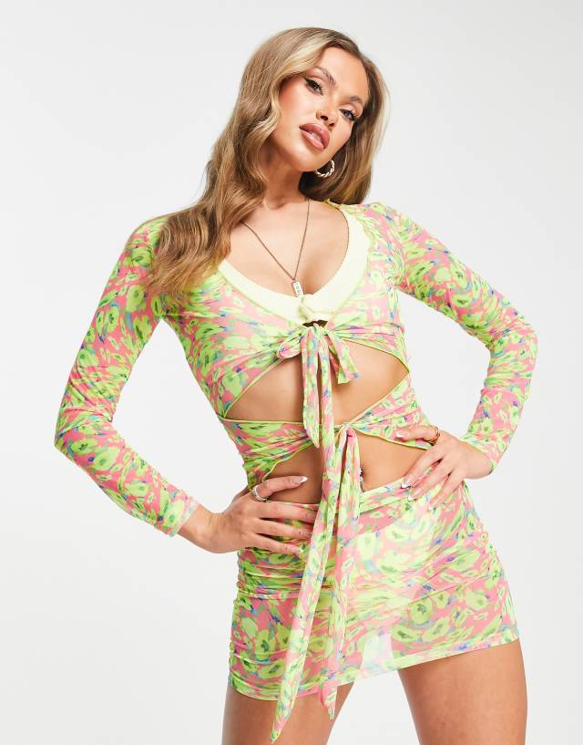 ASYOU open back satin mini dress in lime-Green 