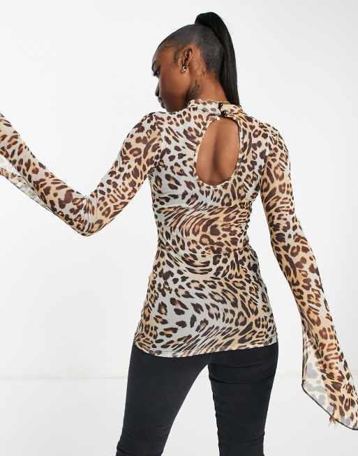 ASYOU mesh top with flute sleeves in leopard print, 2 of 4