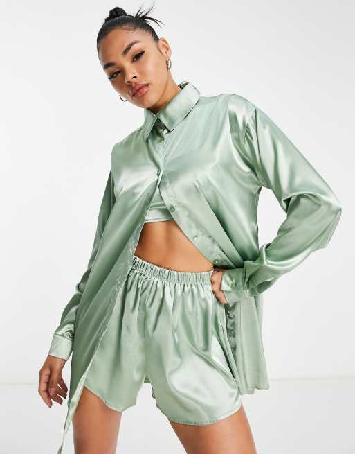 ASYOU mix and match oversized satin shirt co-ord in sage green