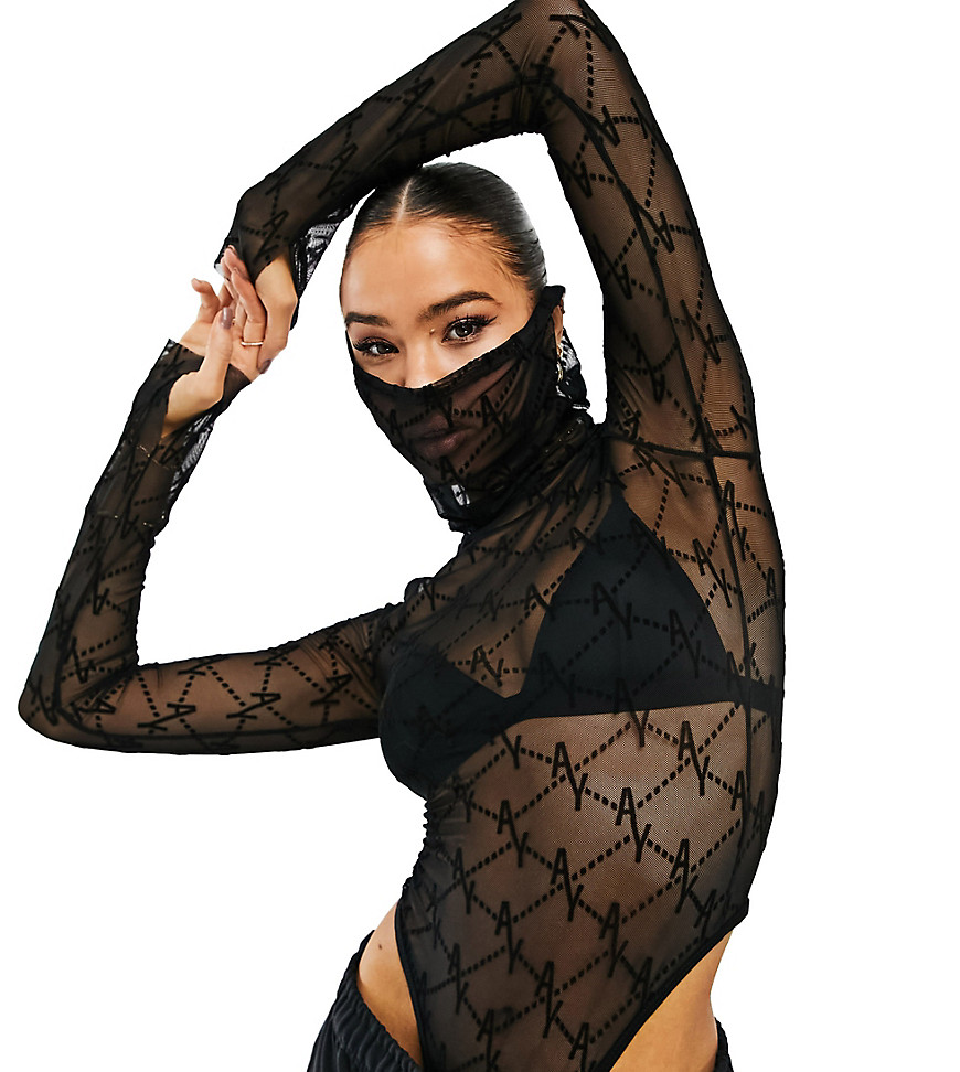 ASYOU monogram mesh high neck bodysuit with ear holes in black