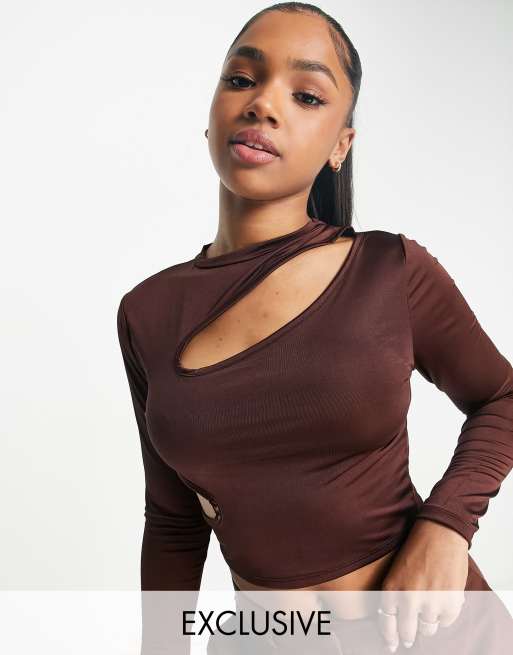 ASYOU multi cut out high neck top in chocolate