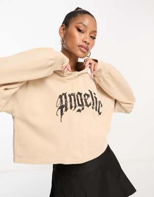 AsYou ASYOU neat fit hoodie top with slogan in beige-Neutral