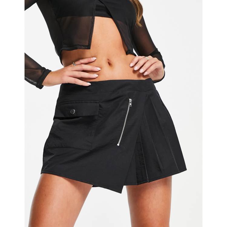 ASYOU nylon wrap pleated cargo mini skirt in black | ASOS