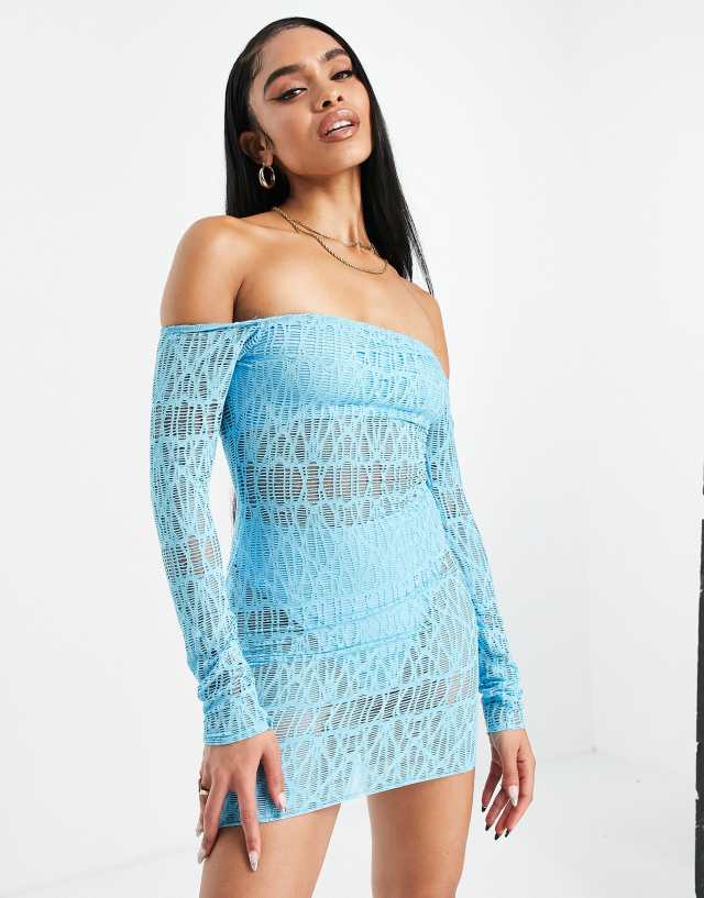 ASYOU off the shoulder openwork detail mini dress in aqua