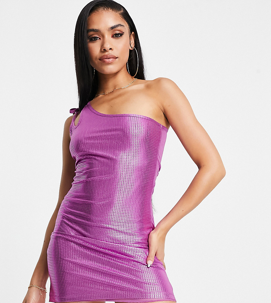 Asyou One Shoulder Holographic Chainmail Detail Mini Dress In Purple-pink