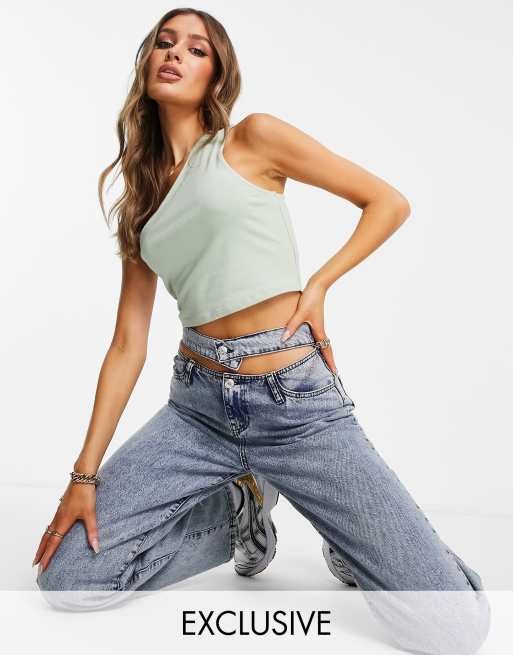 ASYOU one shoulder jersey co-ord crop top in sage