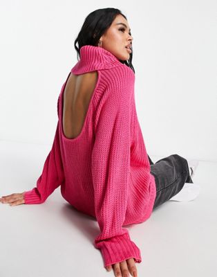 ASYOU open back knitted roll neck jumper in pink