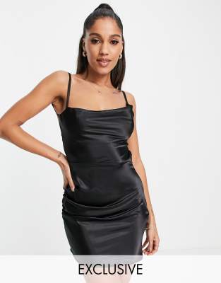 Asyou Open Back Satin Mini Dress In Black-gold | ModeSens