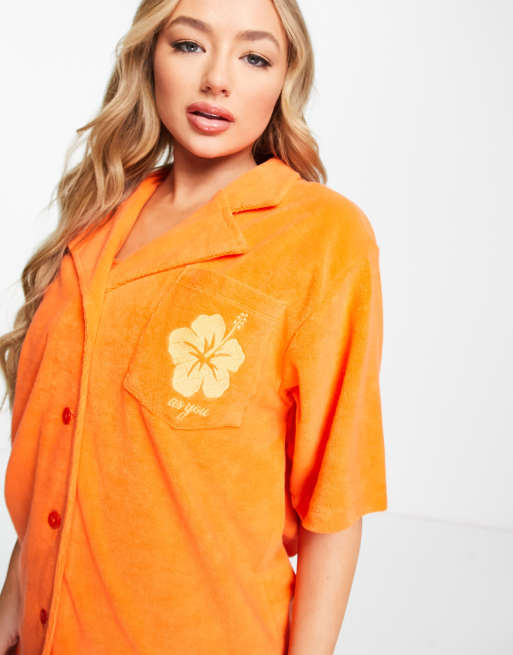 ASYOU - Orange skjorte i frotte med blomstergrafik - Del af sæt, 3 af 4