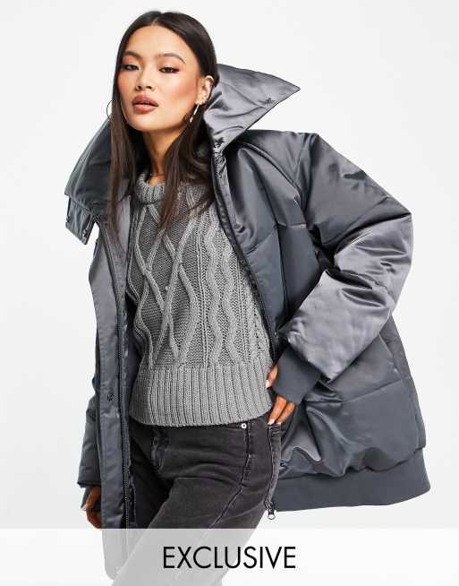 ASYOU – Oversize-Pufferjacke aus Satin in Dunkelgrau