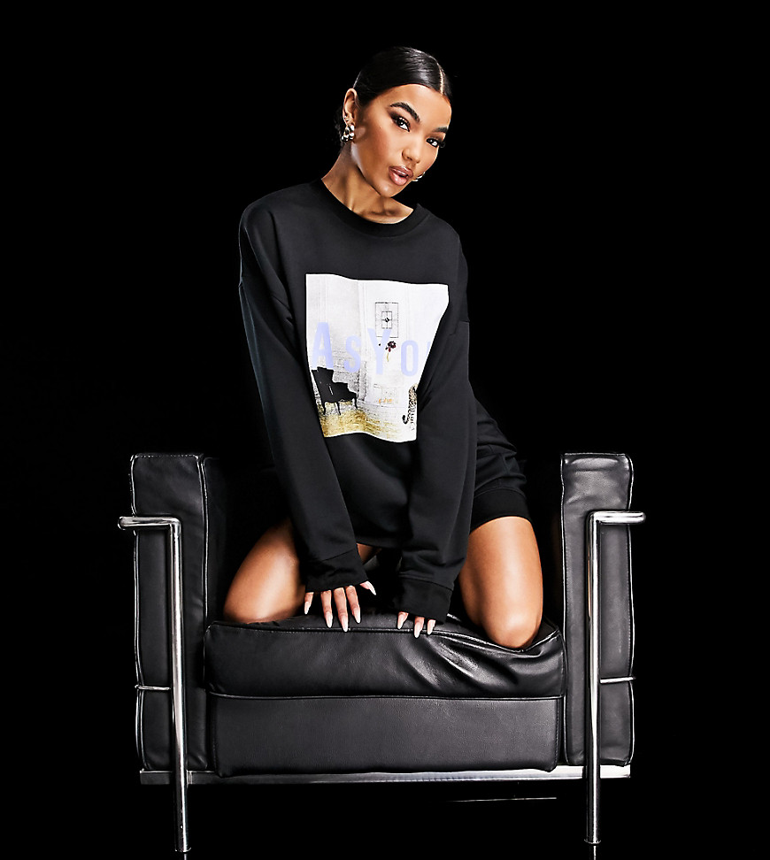ASYOU oversized sweatshirt dress with front graphic in black
