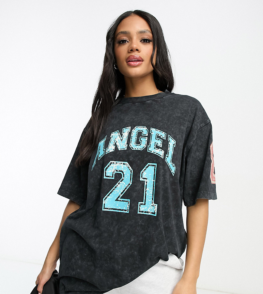 Asyou Oversized Varsity Graphic T-shirt In Acid Wash-gray