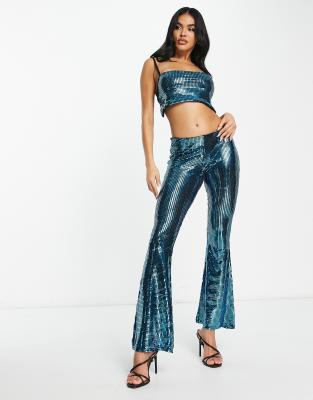 ASYOU square sequin flare trouser co-ord in turquoise - ASOS Price Checker