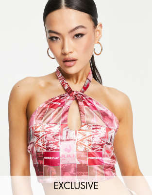 AsYou ASYOU peekaboo halter neck satin top in graphic print-Multi