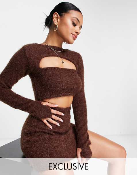 ASYOU peekaboo knitted shrug co-ord in brown - view 1