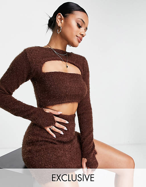  ASYOU peekaboo knitted shrug in brown (part of a set)