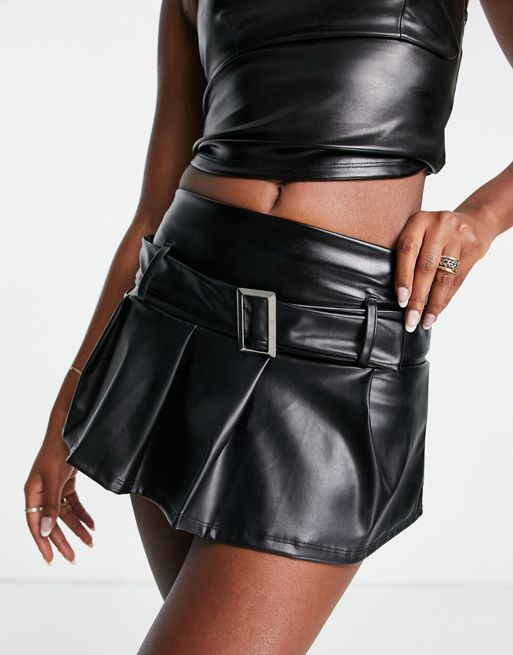 ASYOU pleated pu micro mini skirt with belt in black, 4 of 4