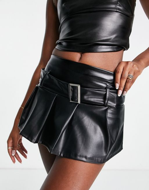 ASYOU pleated pu micro mini skirt with belt in black