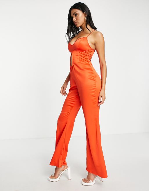 ASYOU satin cross neck cut out jumpsuit in black, ASOS