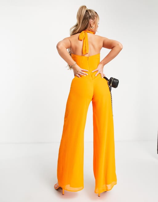 Orange store plunge jumpsuit