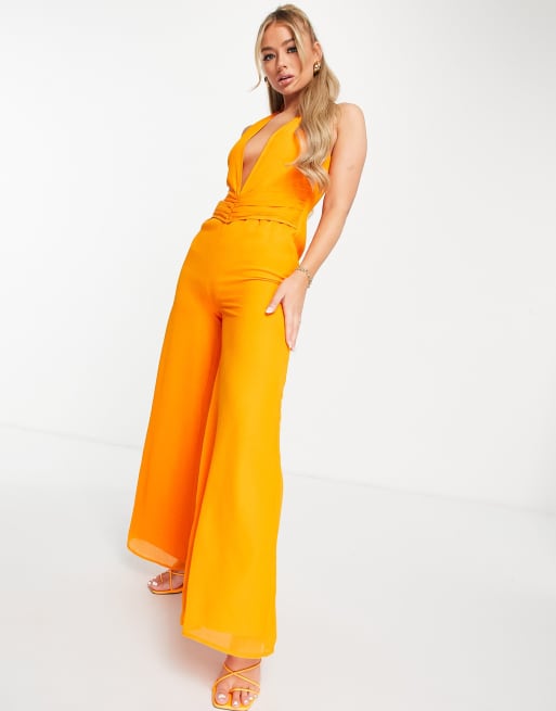 Orange store plunge jumpsuit