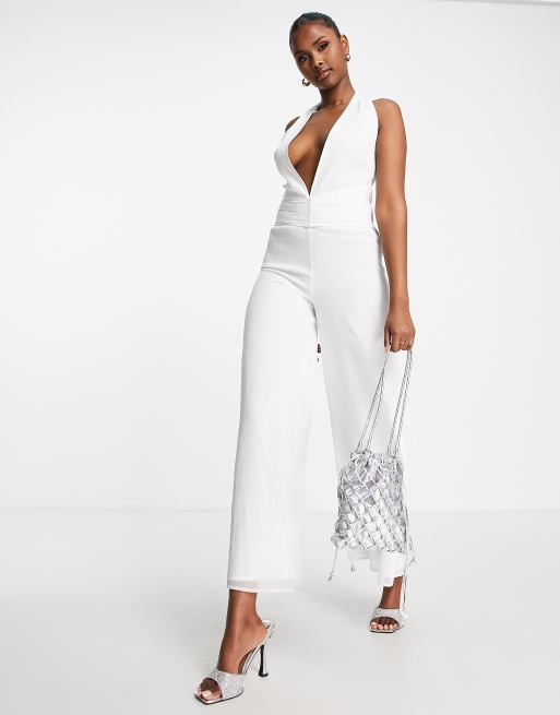 Keava Plunge Halter Neck Jumpsuit in White, jumpsuit white 