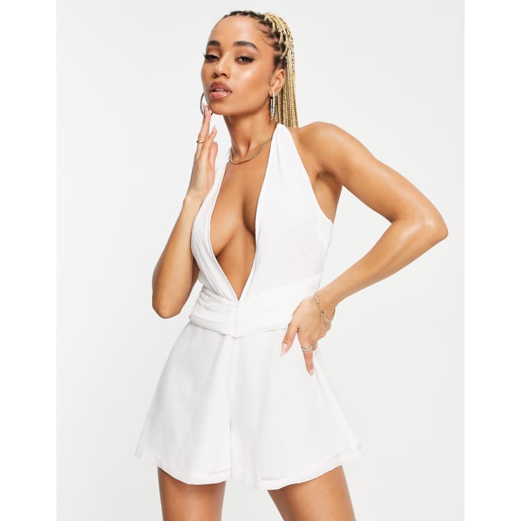 Keava Plunge Halter Neck Jumpsuit in White, jumpsuit white 