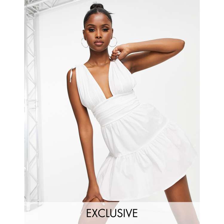 White ruched frill detail strappy sales skater dress