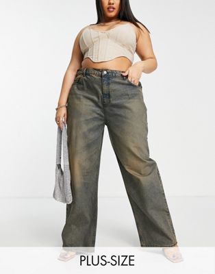 ASYOU plus baggy dad jeans in dirty green cast wash