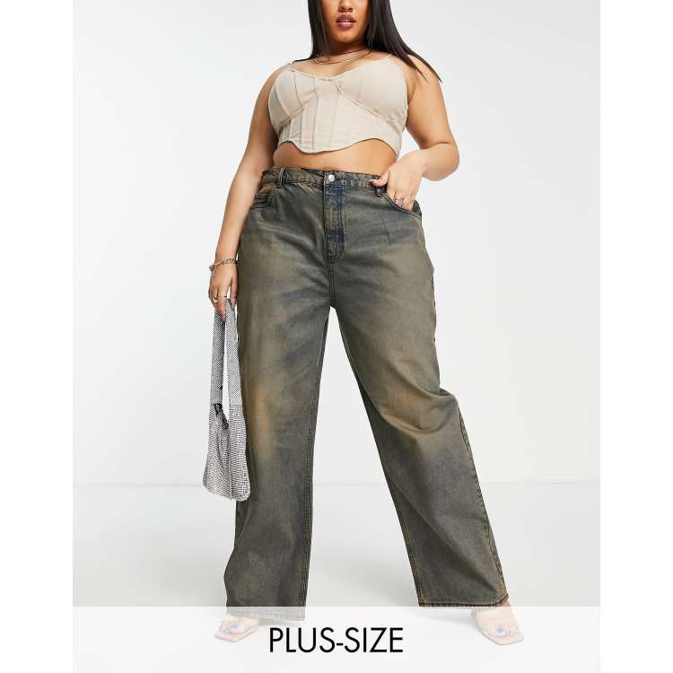 ASYOU Plus baggy dad jeans in dirty green-cast wash