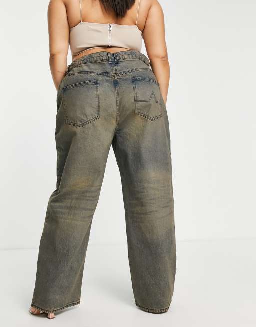 ASYOU Plus baggy dad jeans in dirty green-cast wash