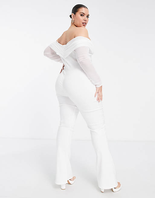 Jumpsuits & Playsuits ASYOU plus mesh bardot flare jumpsuit in white 