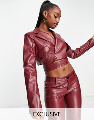 ASYOU pu cropped blazer with buckle detail in wine