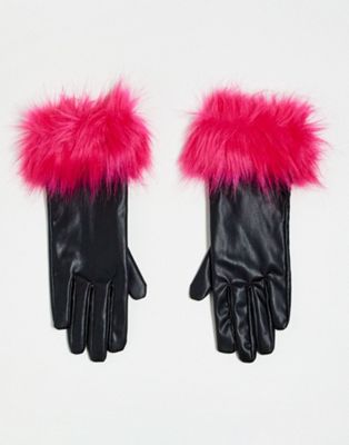 ASYOU PU gloves with pink faux fur trim in black