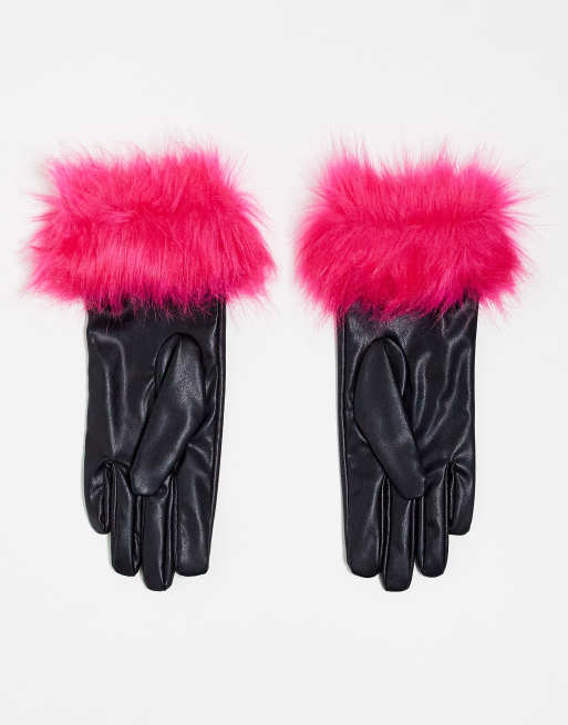 ASYOU PU gloves with pink faux fur trim in black, 2 of 4