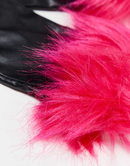 ASYOU PU gloves with pink faux fur trim in black, 3 of 4