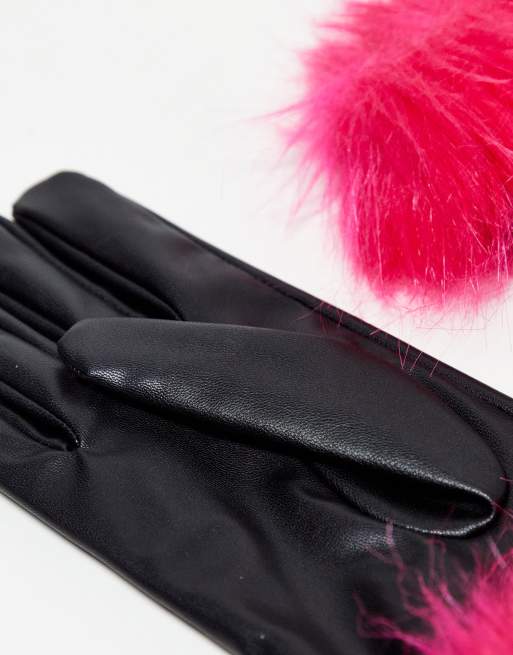 ASYOU PU gloves with pink faux fur trim in black, 4 of 4
