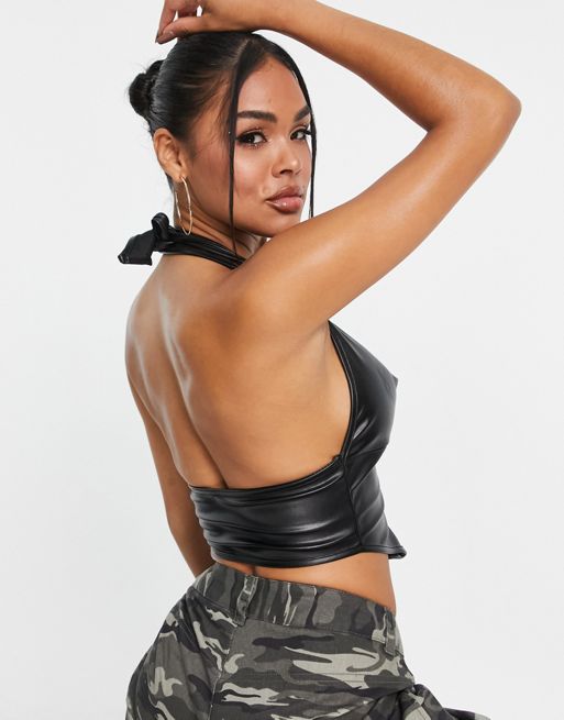 ASOS DESIGN leather look corset bustier with hook and eye detail