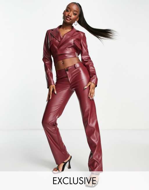 ASYOU pu straight leg pant with buckle detail in wine