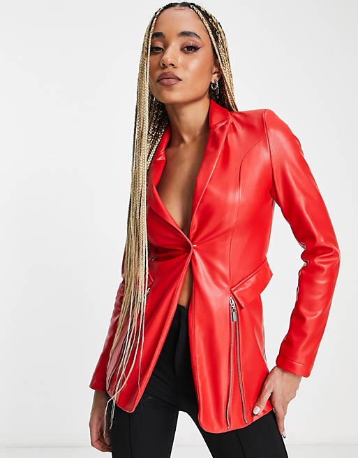 ASYOU PU tailored blazer set with zips in red | ASOS