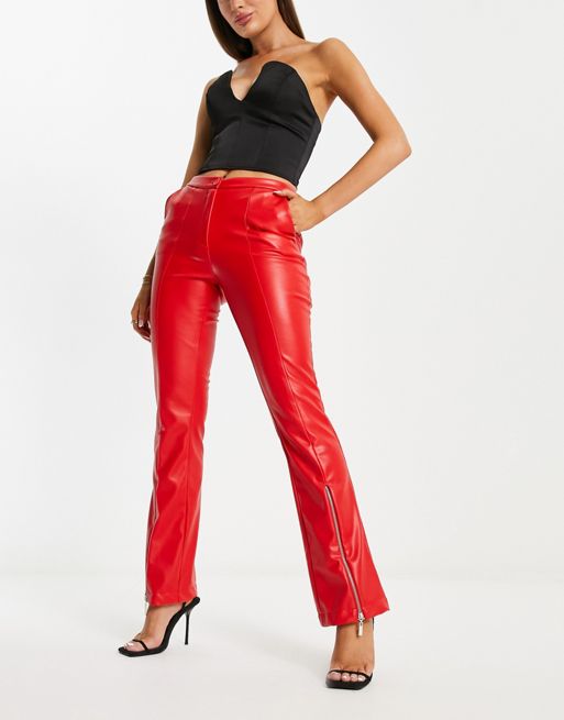 ASOS DESIGN leather look lace-up flare pants in red - part of a set