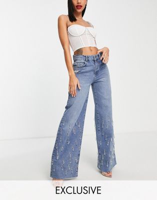 ASYOU puddle straight jean with drippy crystal detail in blue