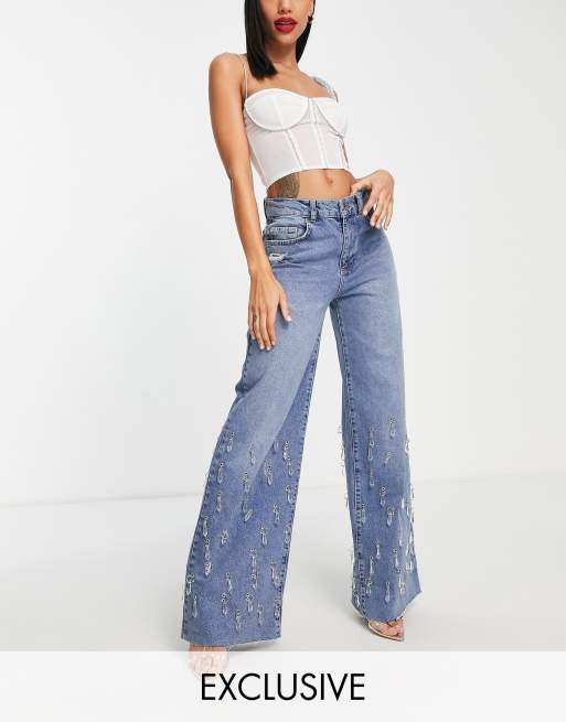 ASYOU puddle straight jean with drippy crystal detail in blue